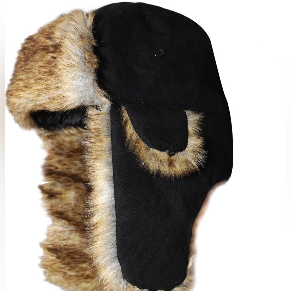 Trapper’s Black and Brown Fur-Lined Winter Hat by 4K in Black NWOT - Picture 2 of 6